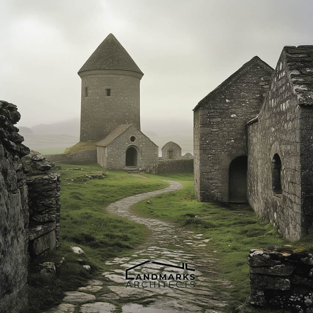 Round towers and monastic buildings from early Christian architecture in Ireland