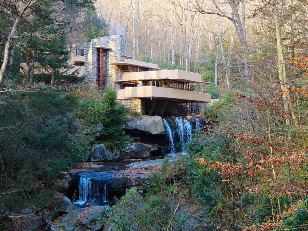 Fallingwater, a renowned modernist house designed by Frank Lloyd Wright in Pennsylvania