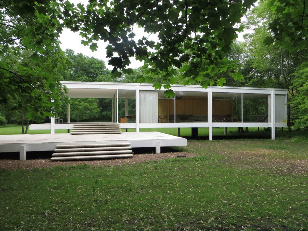 The Farnsworth House, a modernist glass house in Plano, Illinois.