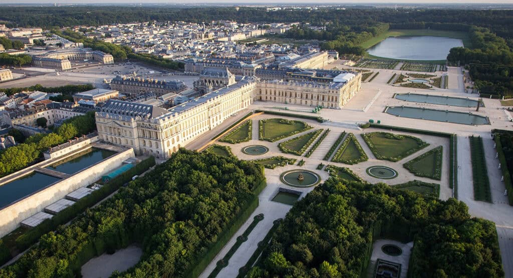 Aerial view of the Domain of Versailles, showcasing its expansive gardens and palace.