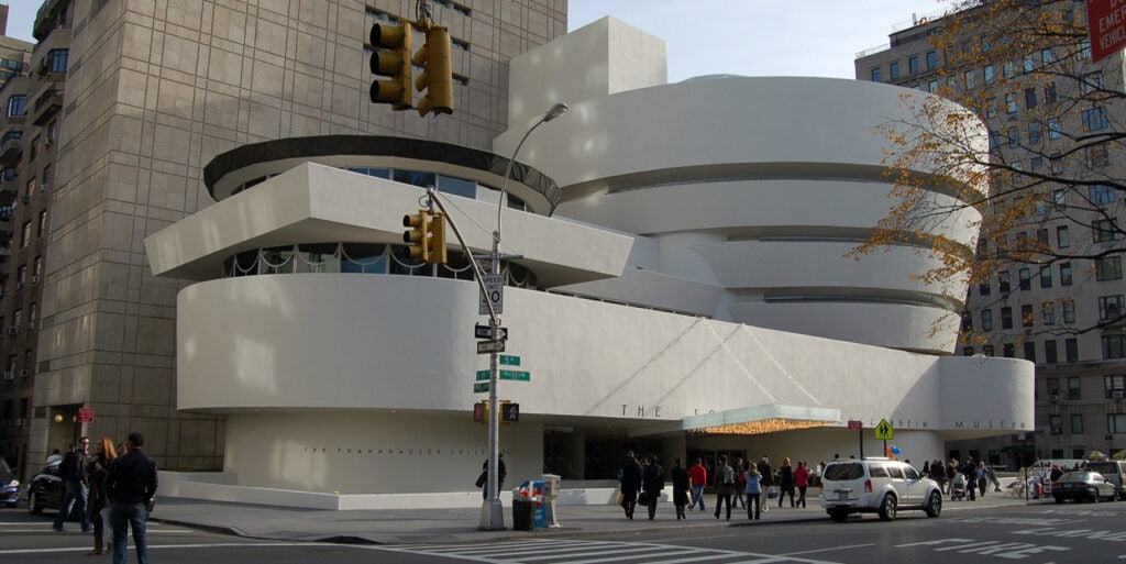 The Guggenheim Museum in New York, an iconic modernist building designed by Frank Lloyd Wright.