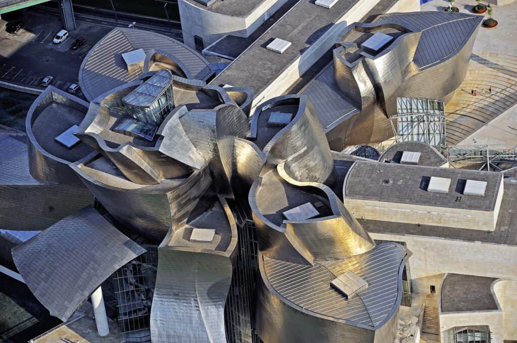 Aerial view of the Guggenheim Museum Bilbao, showcasing its contemporary architecture.