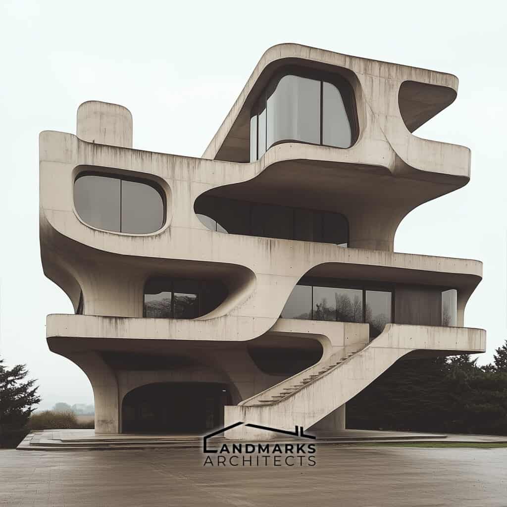 Innovative modernist architecture with bold forms Photo by AI.