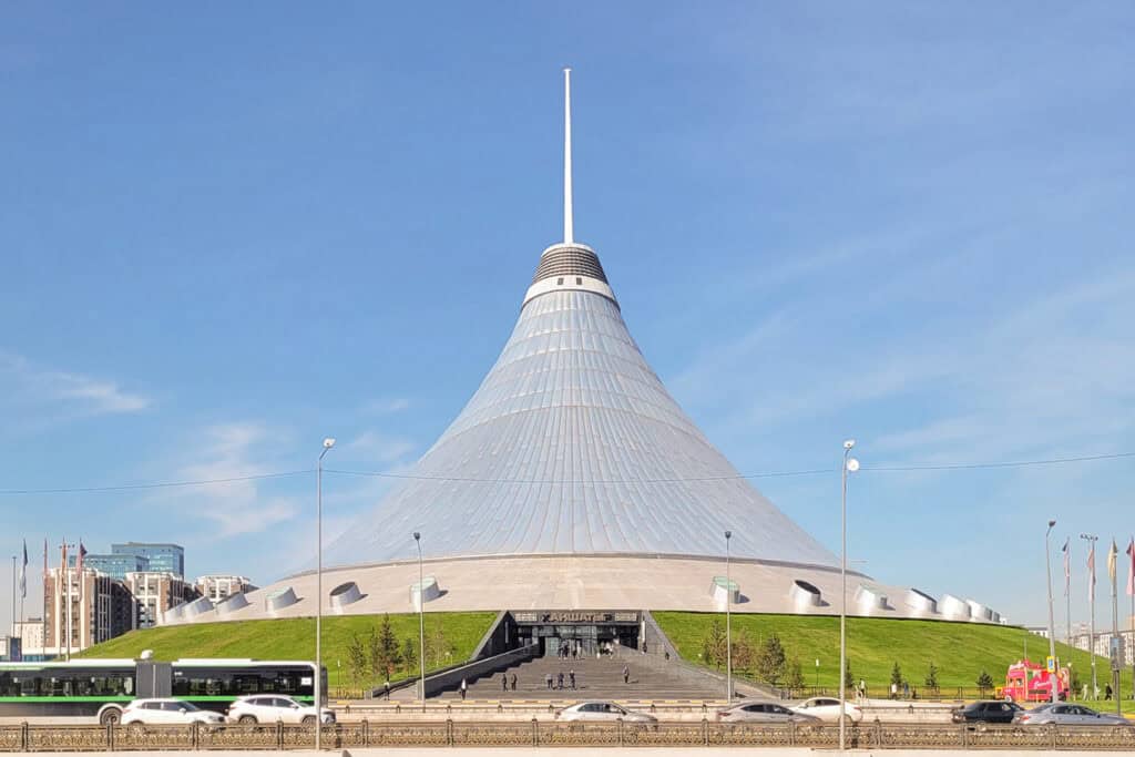 Khan Shatyr, a modern tent-like structure in Astana (Nur-Sultan), Kazakhstan.