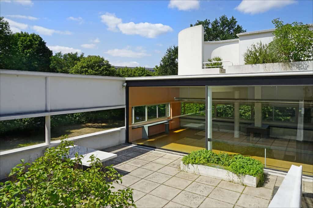 Villa Savoye, an iconic modernist house by Le Corbusier in Poissy, France.