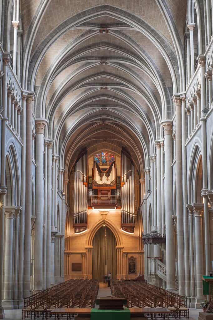 Interior of Lausanne Cathedral, showcasing Gothic architecture.