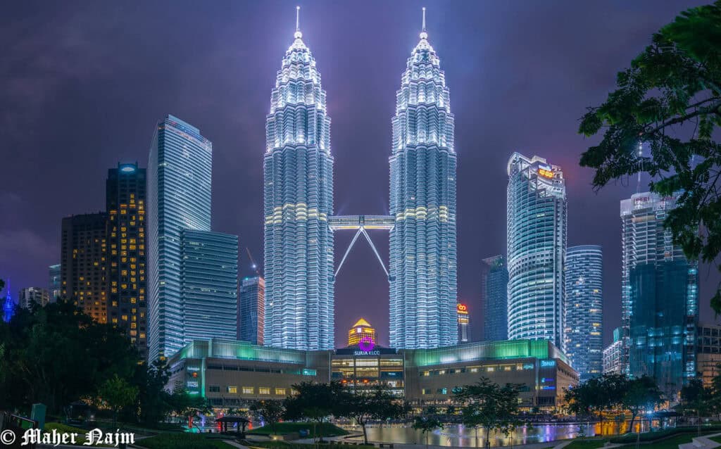 Petronas Towers, prominent skyscrapers in Kuala Lumpur, Malaysia.