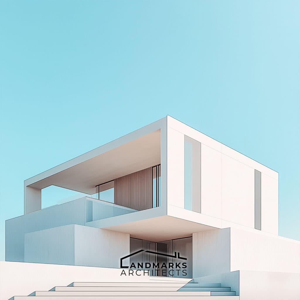 AI-generated image of modernist architecture featuring minimalist aesthetics