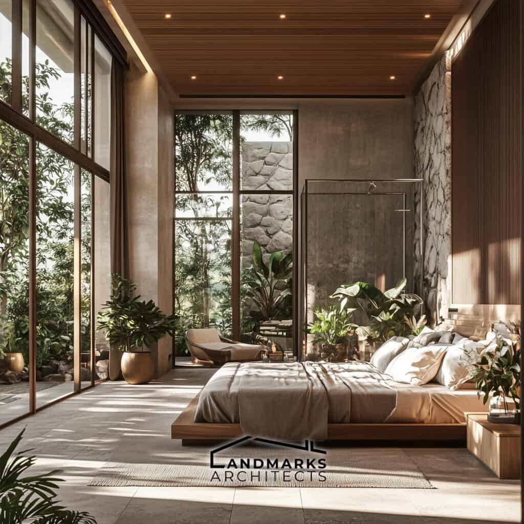 AI-designed luxurious bedroom with natural elements.