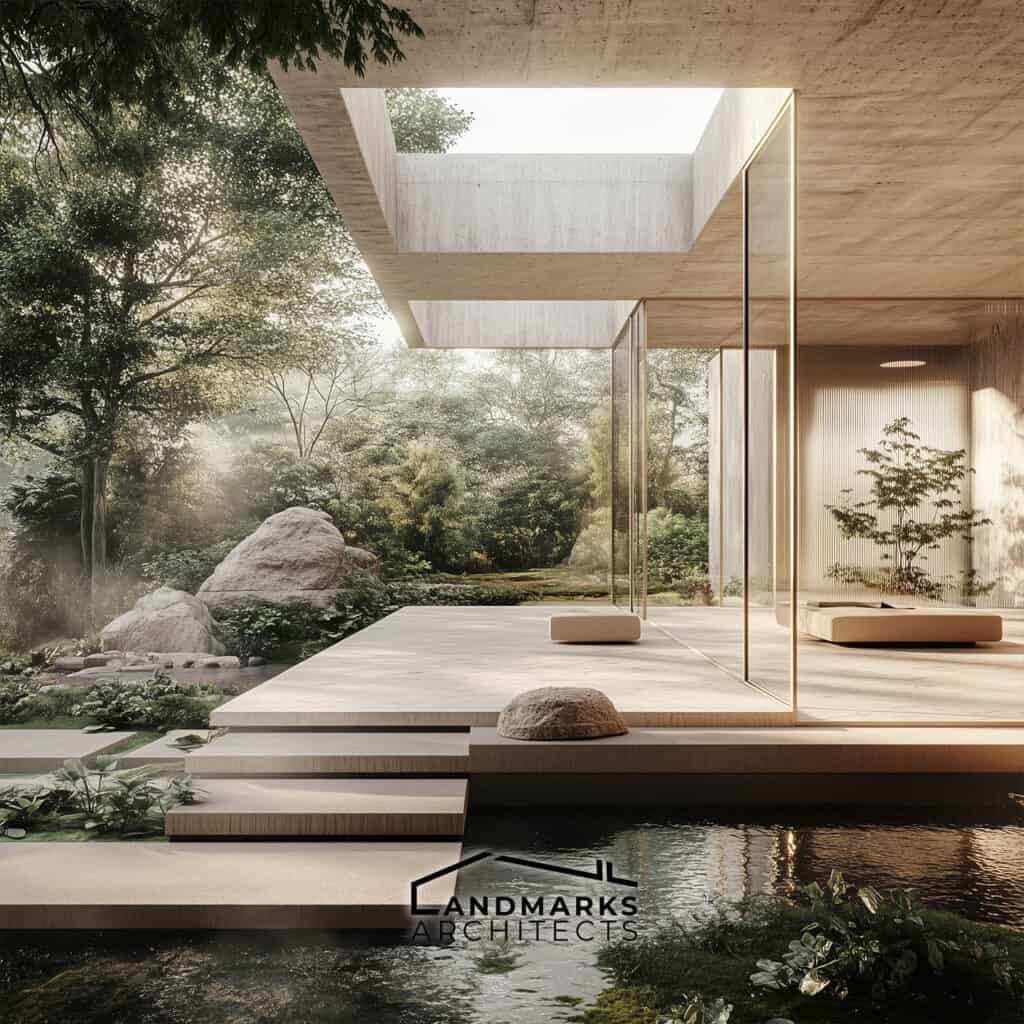 AI-generated image of a modernist building seamlessly integrated with nature.