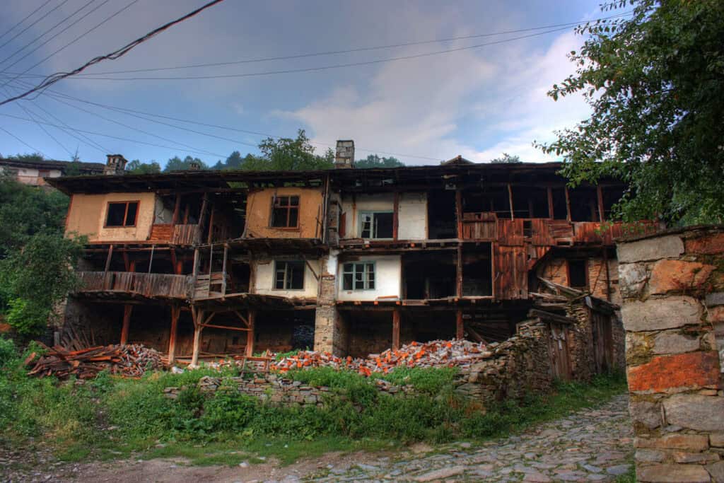 Ruined old buildings in the village of Kovachevitsa, Rodopi Mountains, Bulgaria.