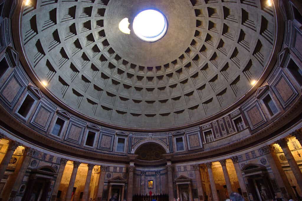 Interior of the Pantheon dome, showcasing the oculus and architectural details