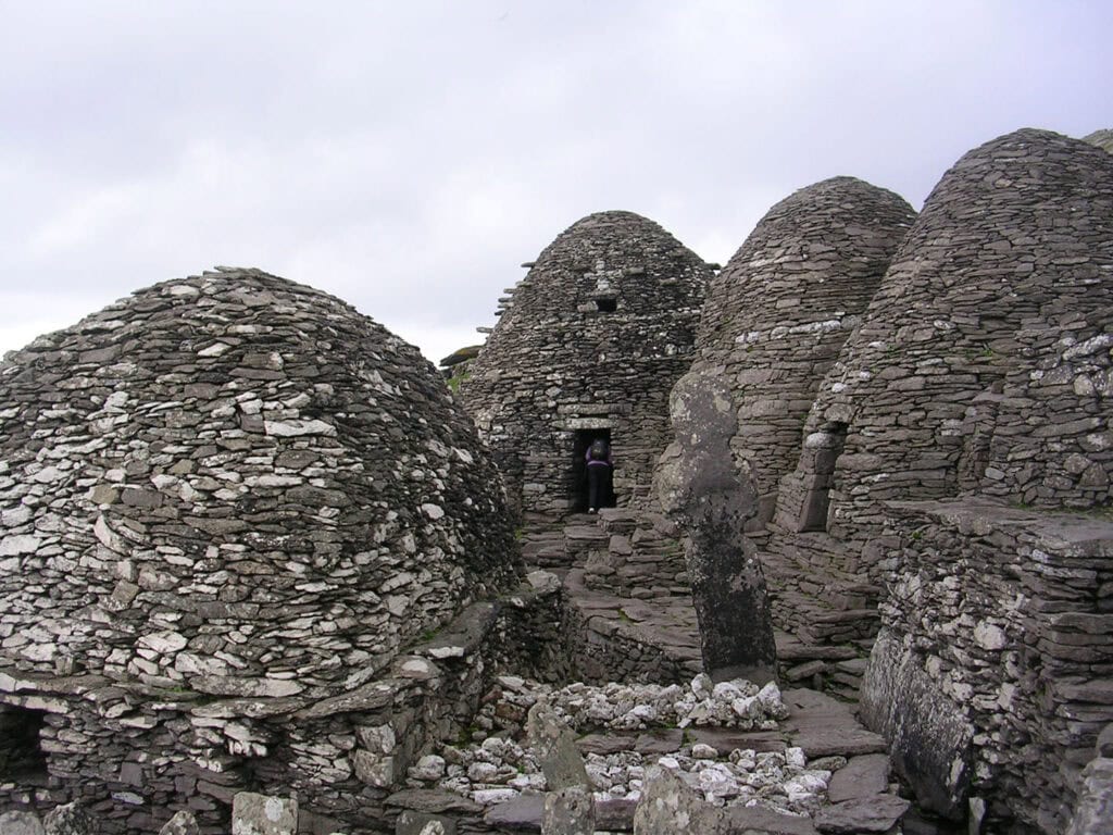 Beehive huts on Skellig Michael, ancient monastic structures in Ireland