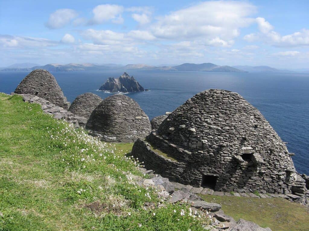 Beehive huts on Skellig Michael, ancient stone dwellings in Ireland