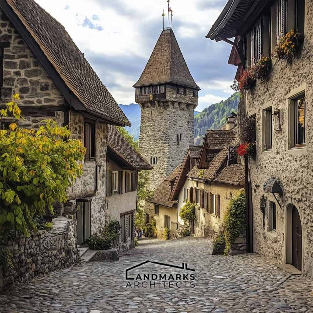 Traditional Swiss architecture uses stone for durability in historic buildings.