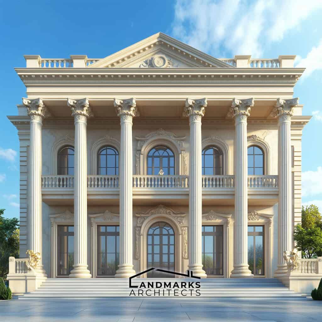 AI-generated neoclassical architecture with classical elements.