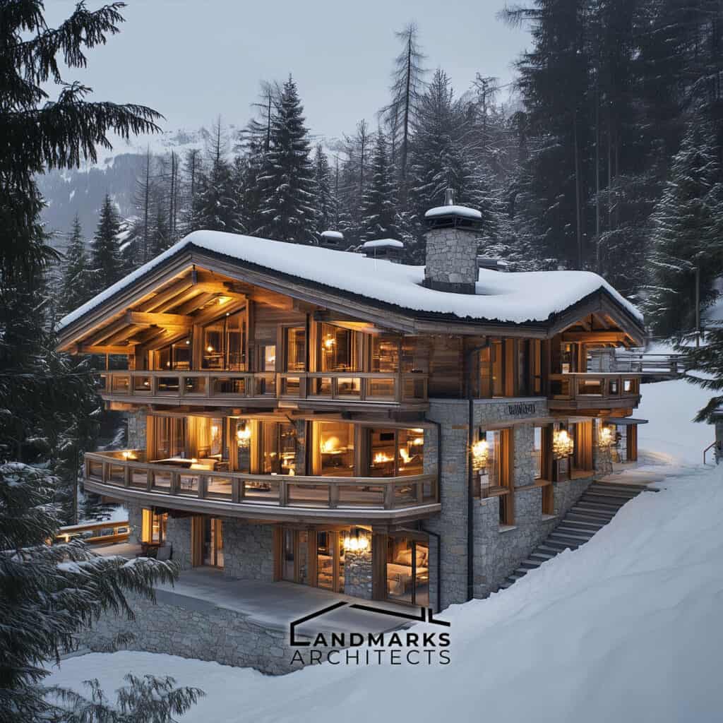 Chalets have steep roofs and wide eaves to handle heavy snowfall