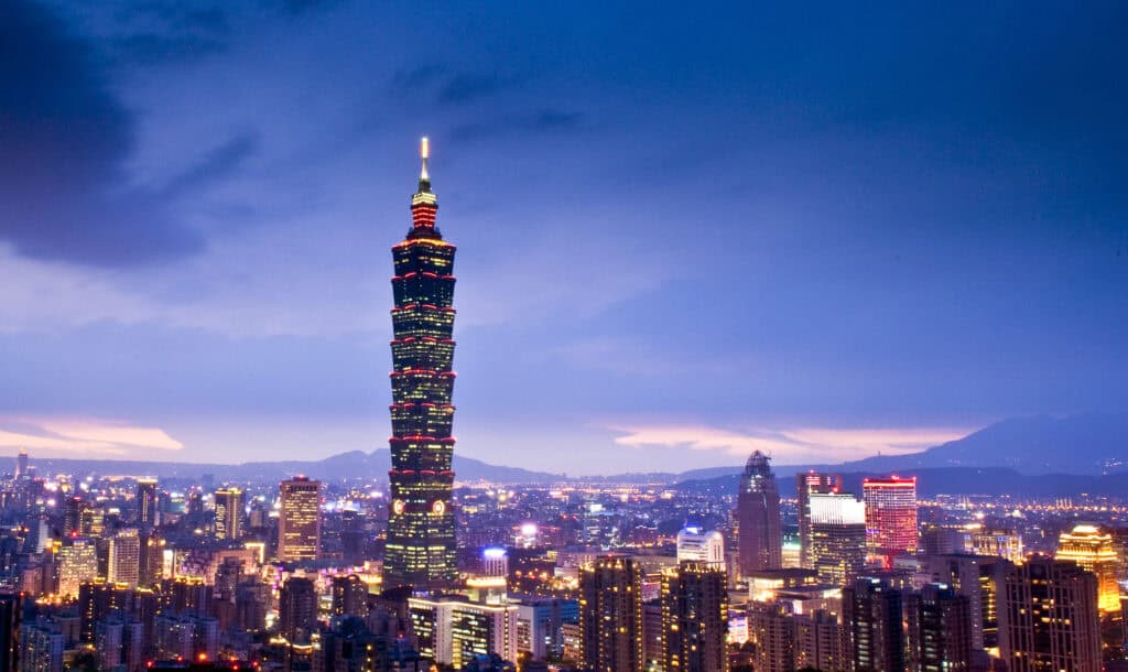 Taipei 101 towering over the cityscape of Taipei, Taiwan.