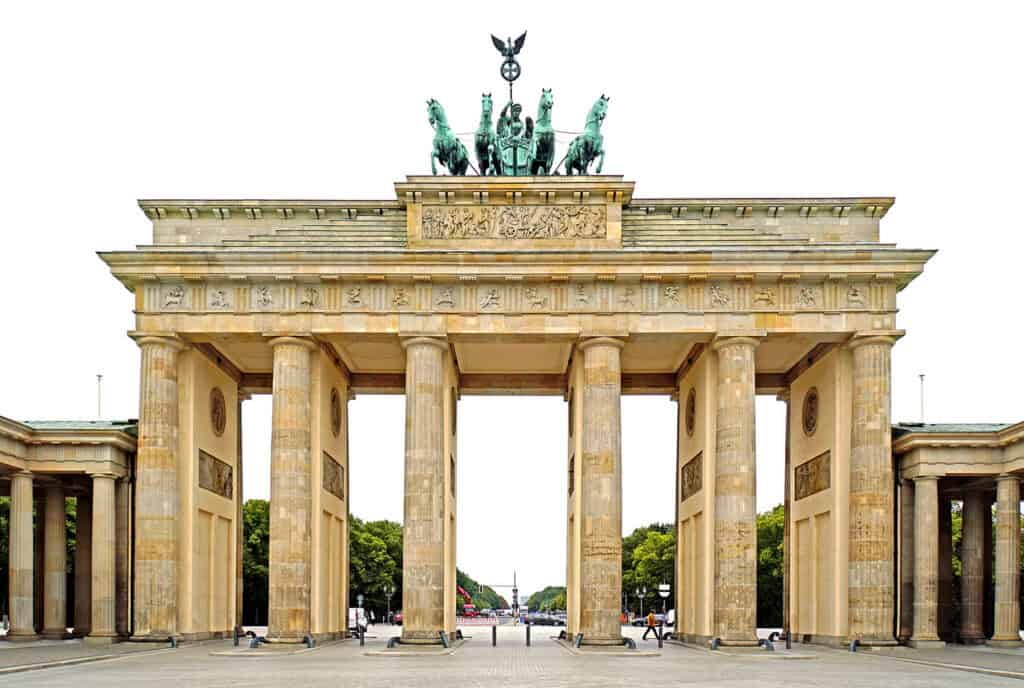 The Brandenburg Gate, a neoclassical monument in Berlin, Germany.