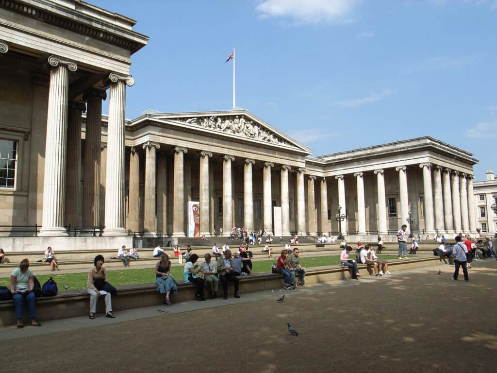 The British Museum, a grand neoclassical building located in London.