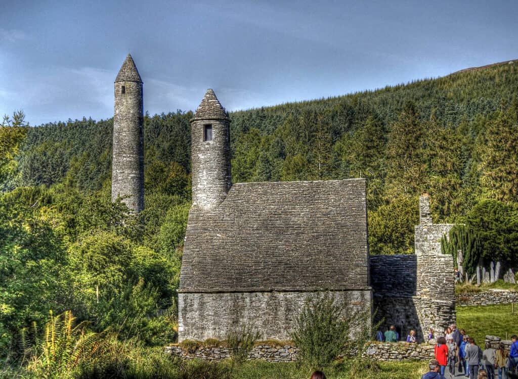 The round towers at Glendalough, historic monastic buildings in Ireland