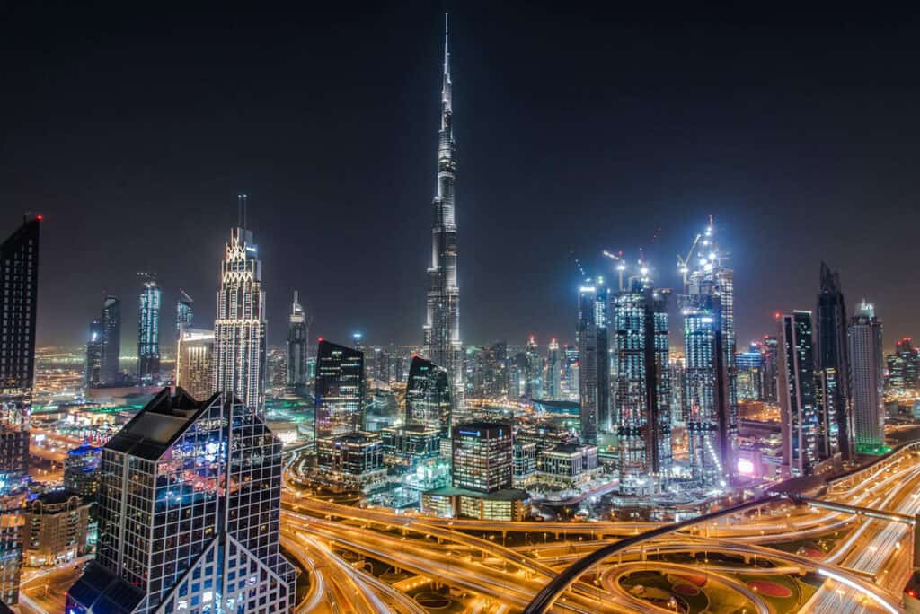 Dubai's skyline featuring its iconic skyscrapers and landmarks.