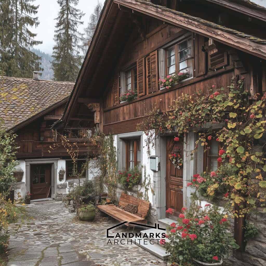 Traditional Swiss architecture uses local materials and sustainable design.