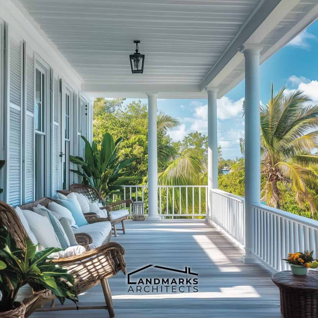 Traditional Bahamian wrap-around porches offer shaded spaces for outdoor living.