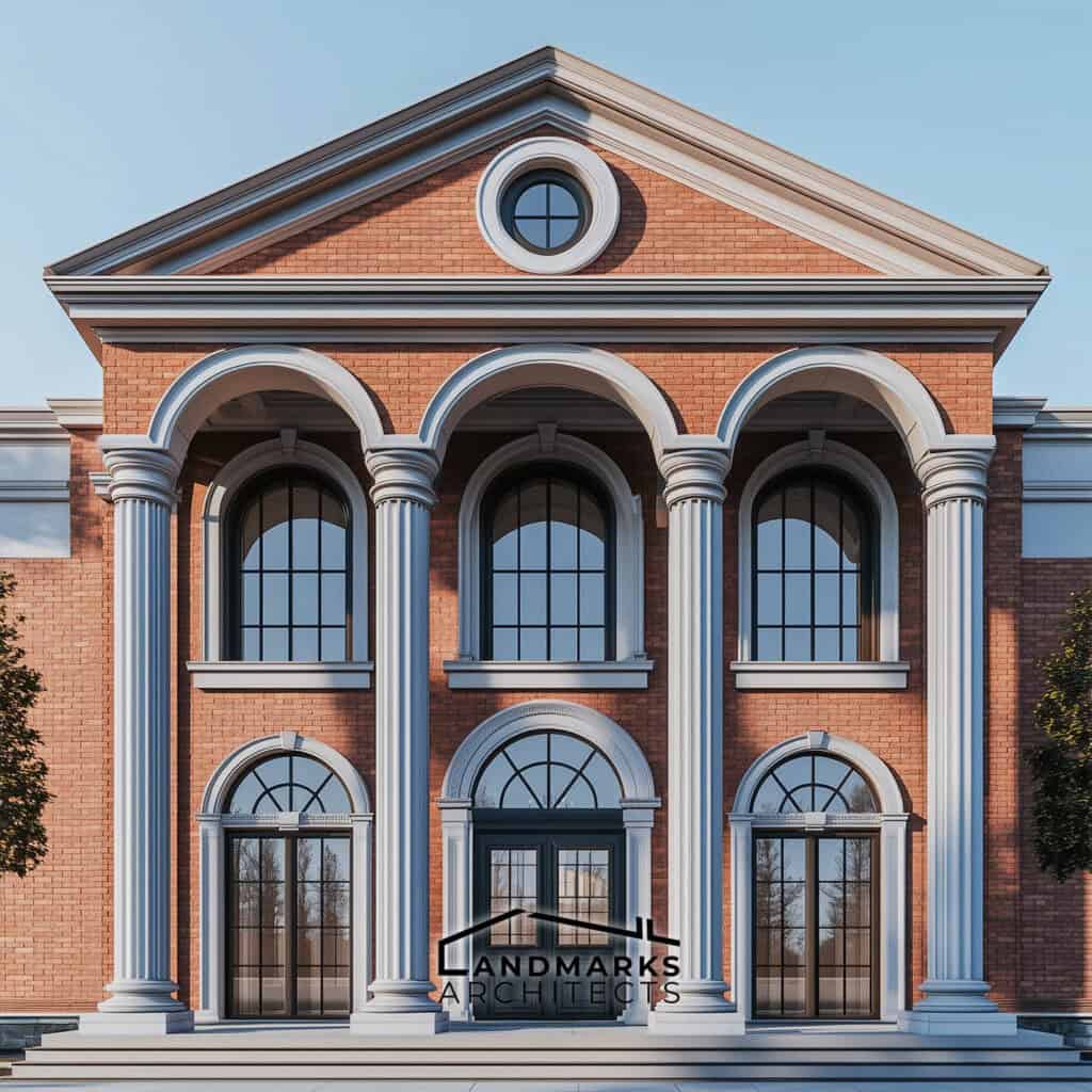 AI-created neoclassical architecture with classic materials and design.