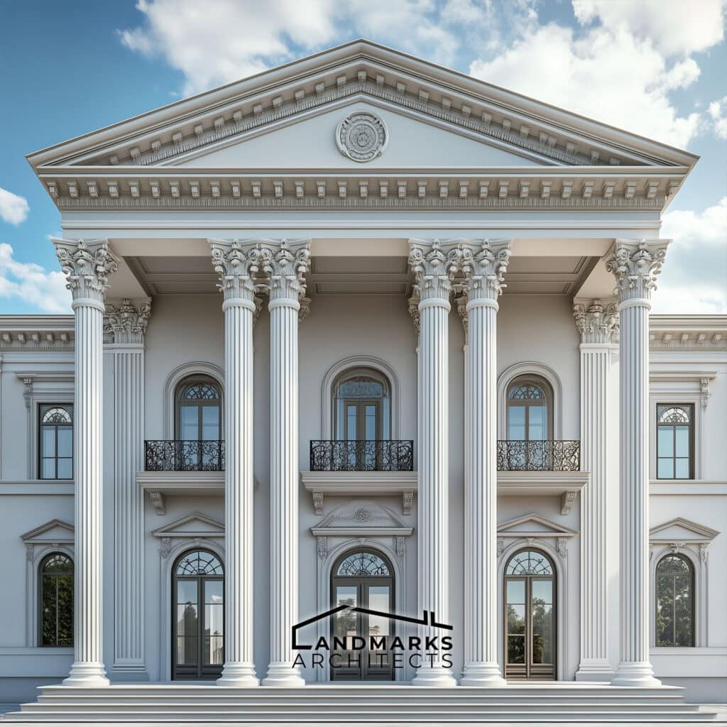 AI-designed neoclassical architecture with grand, geometric forms.