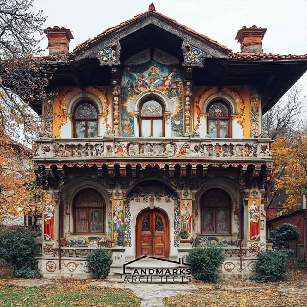 Bulgarian Revival architecture features intricate carvings and murals.