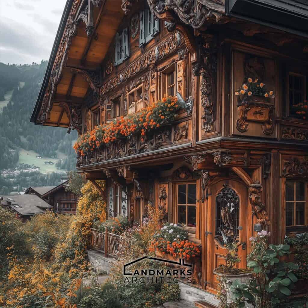 Traditional Swiss chalets feature intricate carvings and floral window boxes.