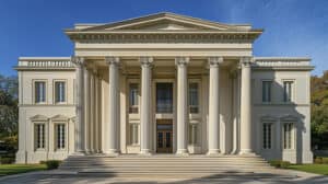 AI-generated image of a neoclassical building with classical columns and symmetrical design