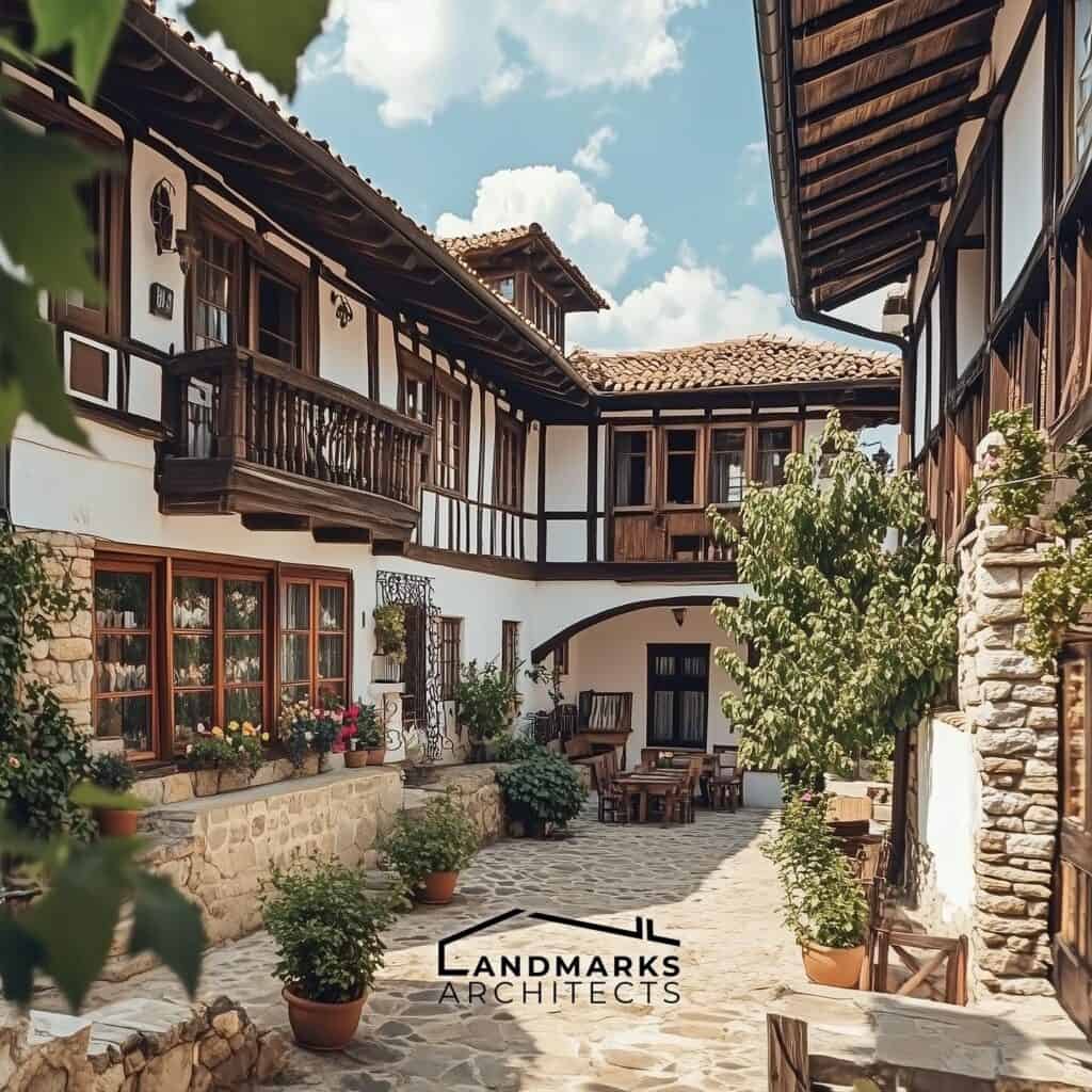 Traditional Bulgarian houses feature asymmetrical designs and spacious courtyards.