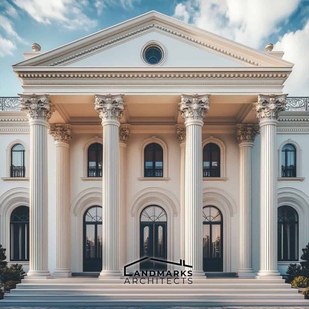 AI-generated image of neoclassical architecture with columns and symmetry