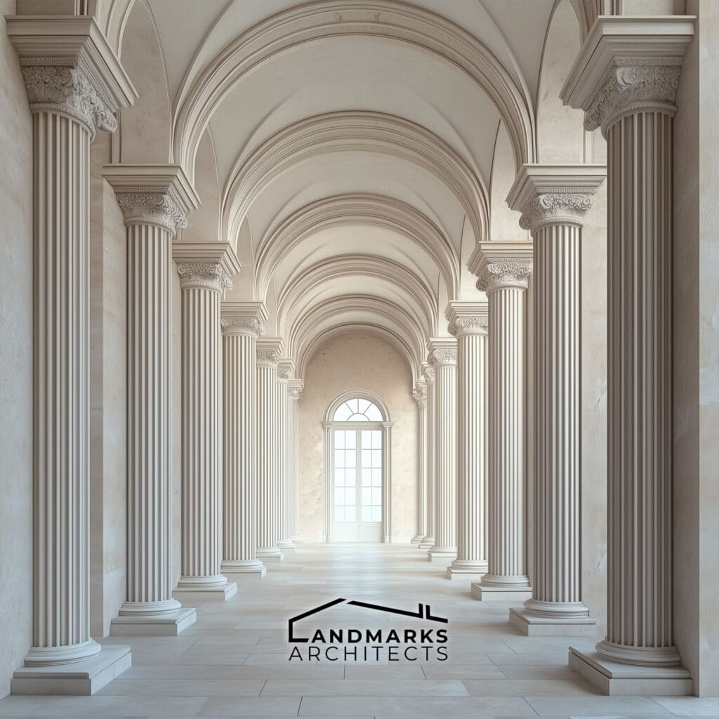 AI-rendered neoclassical interior featuring symmetry and classical columns.