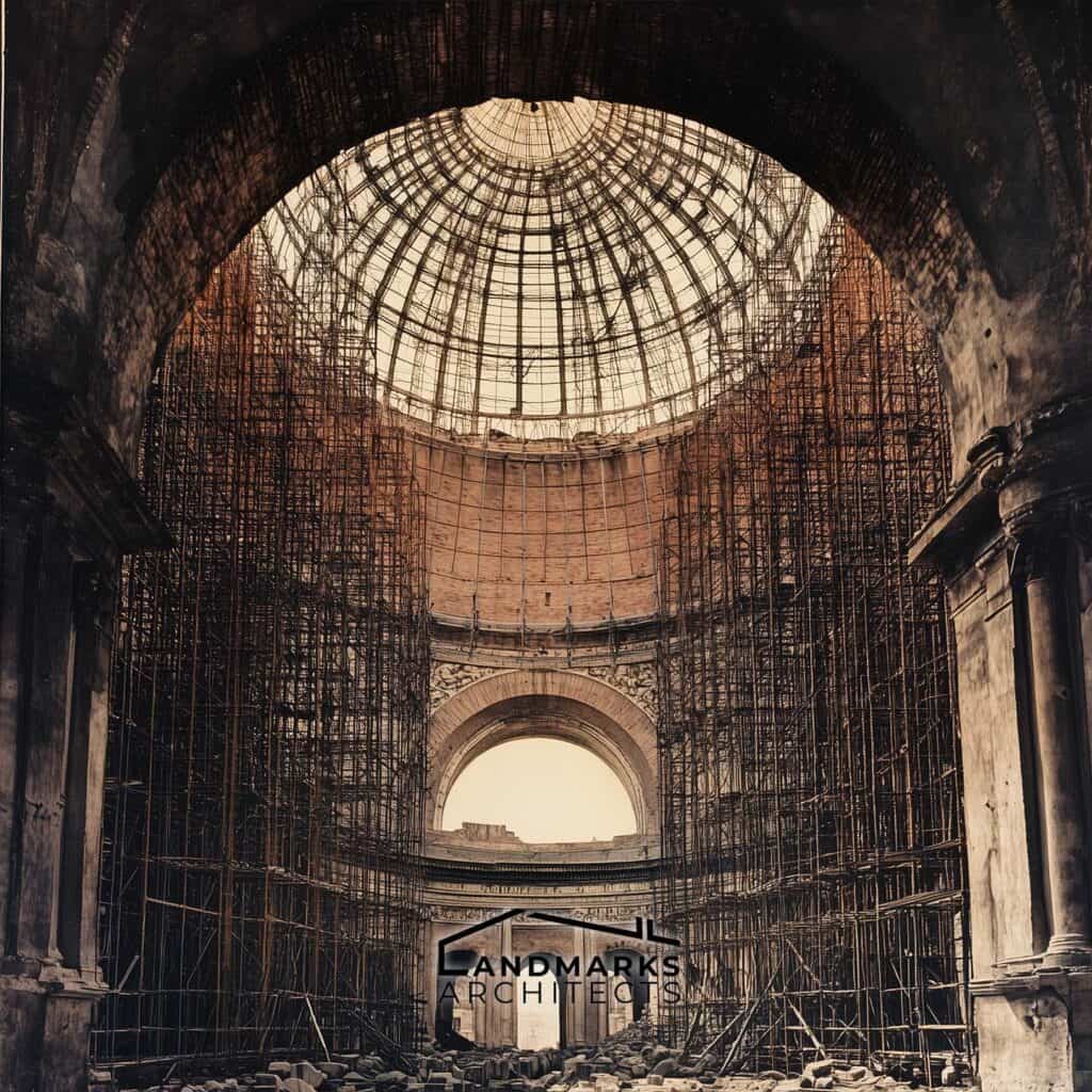 Brick lattice ribbing and timber scaffolding in ancient Roman dome construction