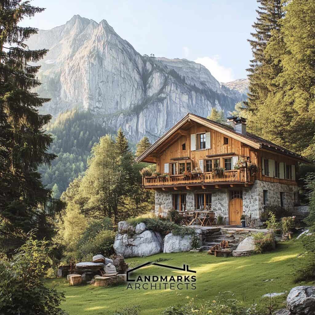 Traditional Swiss chalets use wood and local stone, blending with nature