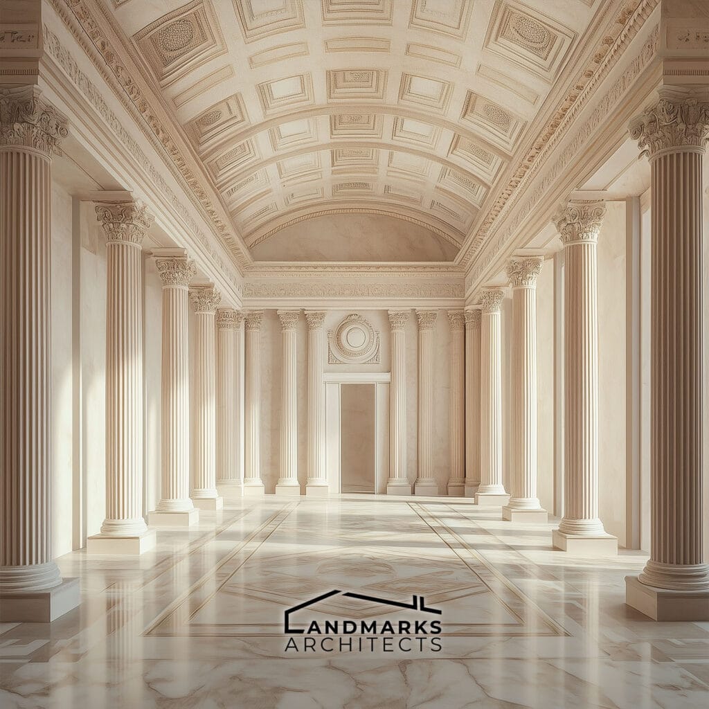 AI-created neoclassical interior with frescoes and marble floors.