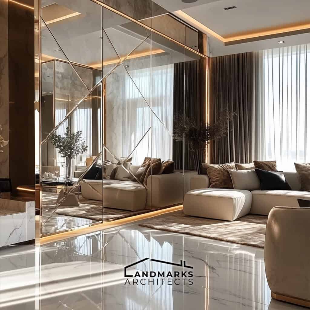 AI-designed luxurious interior with mirrors.