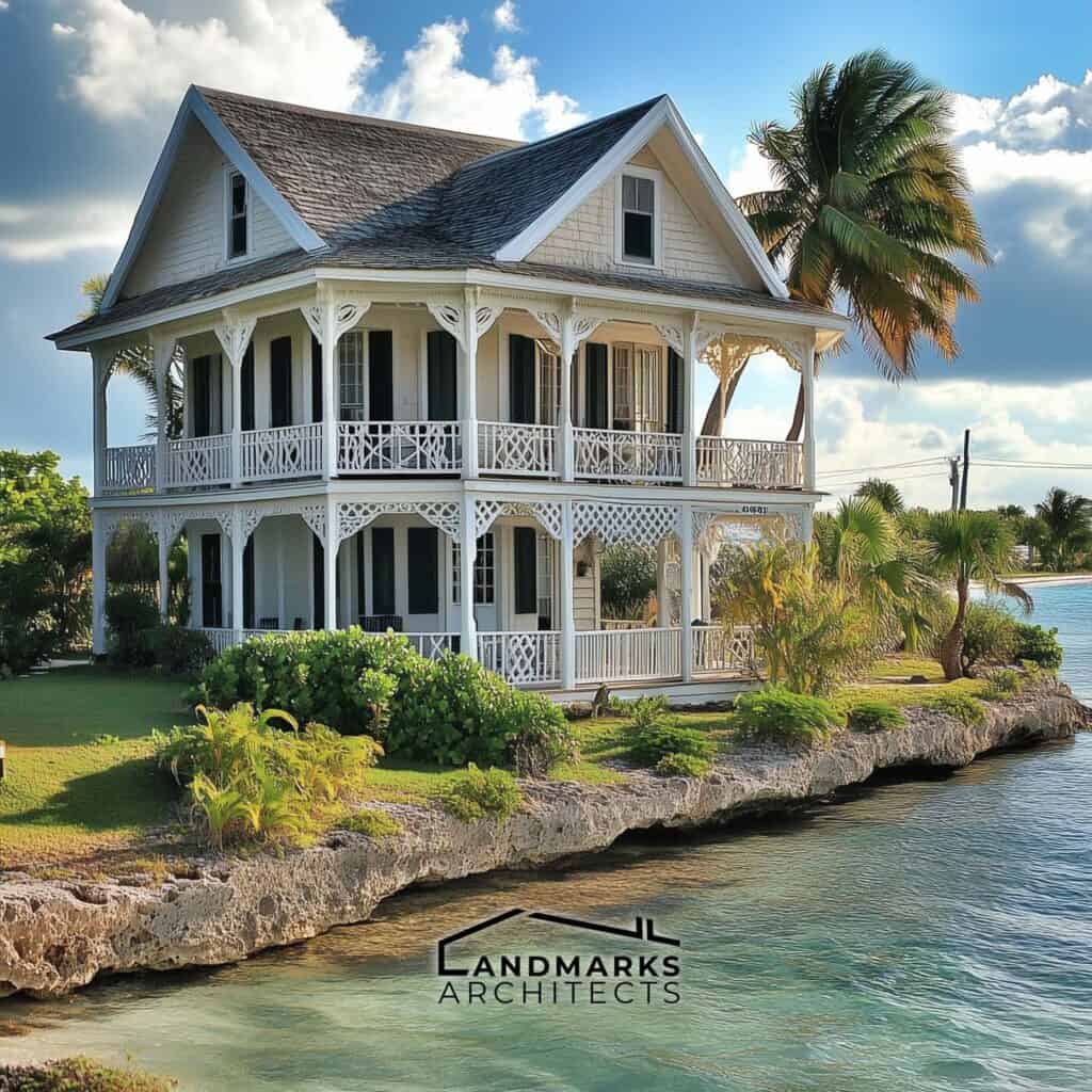 Modern and historic Bahamian homes feature expansive porches on stilts for cooling and views.