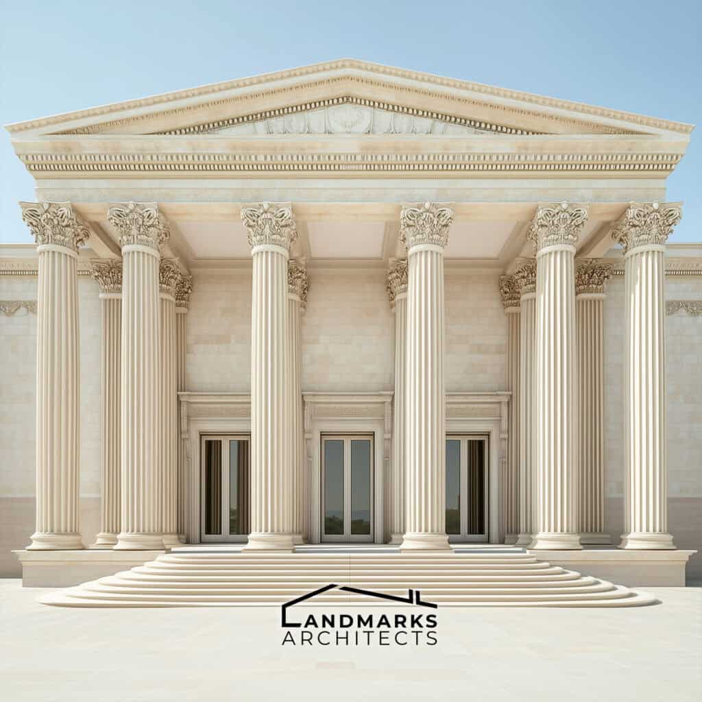 AI-rendered neoclassical architecture with timeless design.