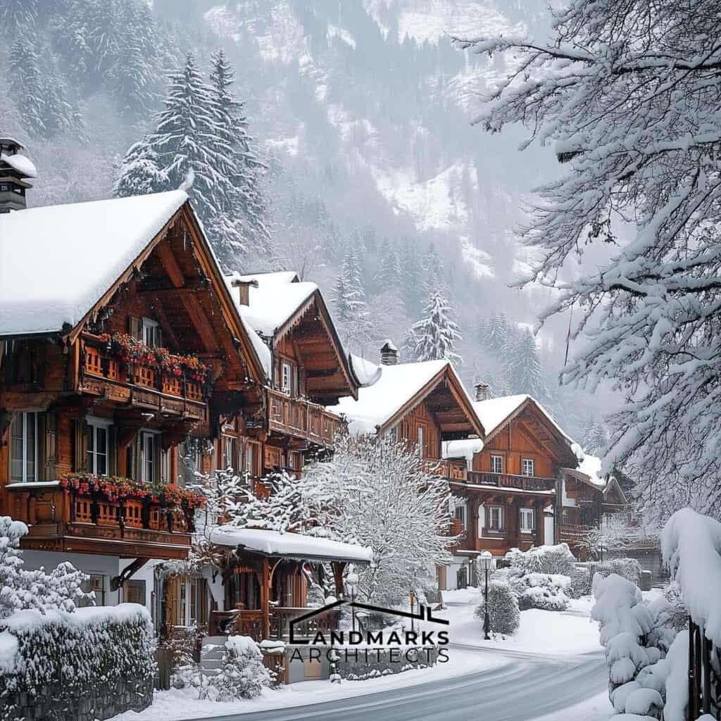 Chalets use steep roofs and wide eaves to manage snow and weather.