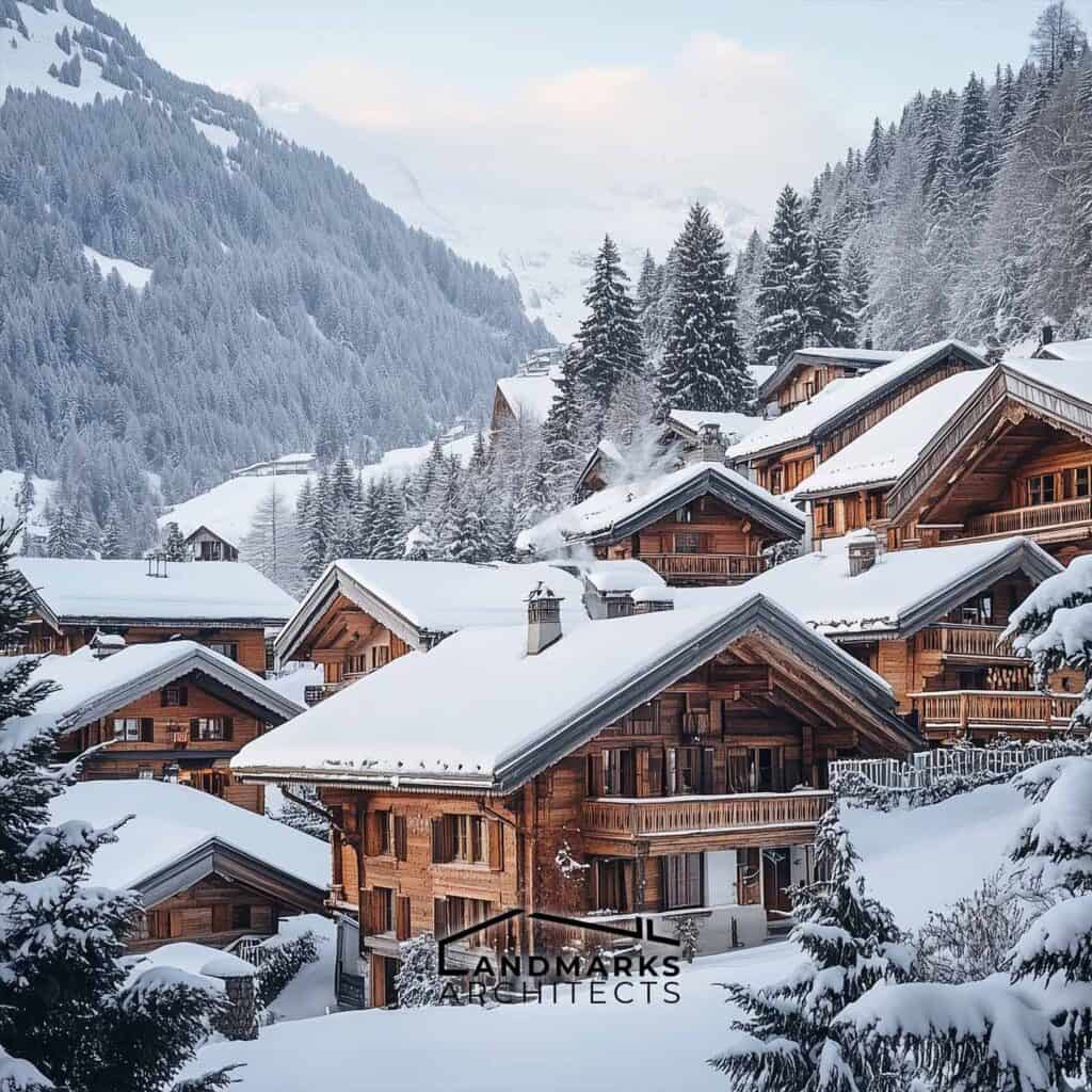 Traditional Swiss architecture uses wood for chalets with wide, snow-protecting roofs.