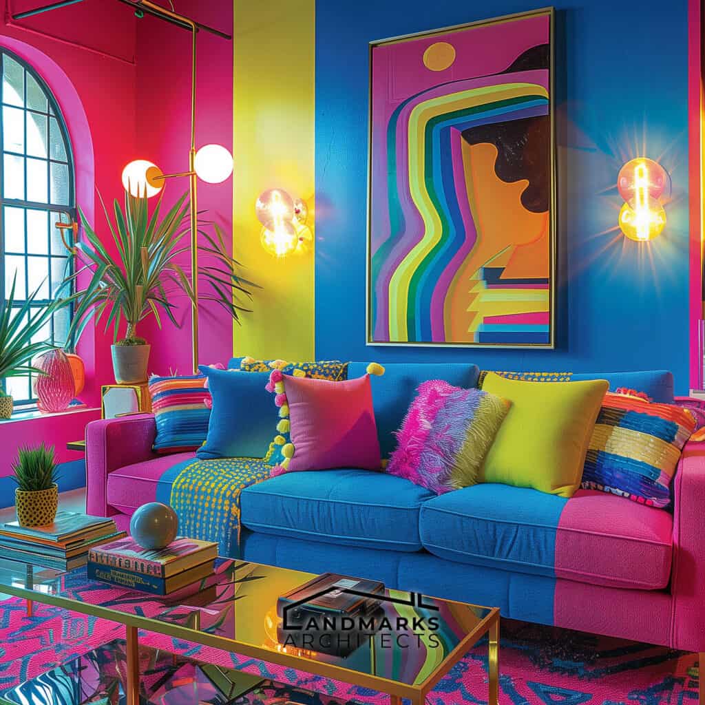 1980s-inspired interior showcasing bold colors, oversized furniture, and geometric patterns. Photo generated by AI.