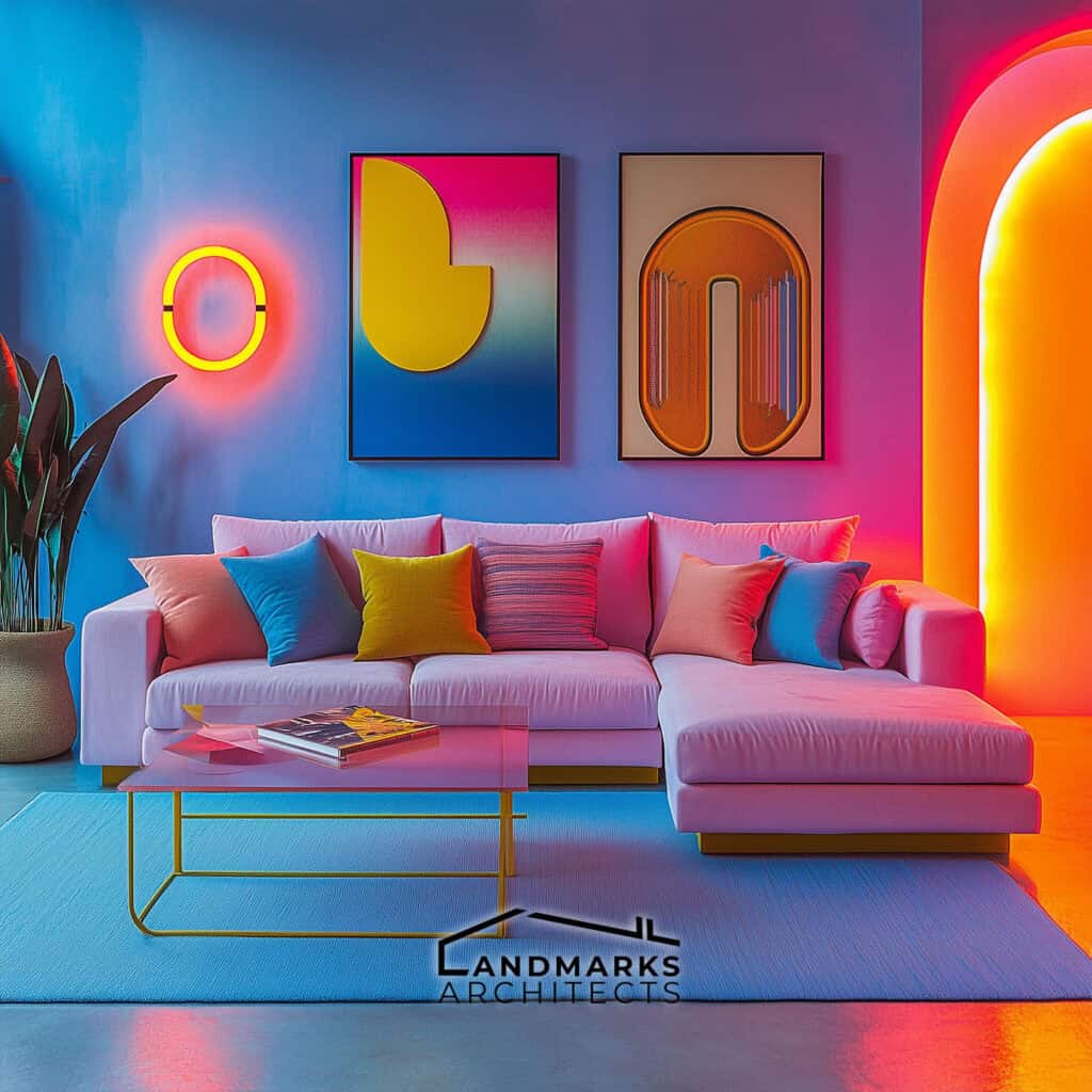 Lively 1980s interior design with bright accents Photo generated by AI.