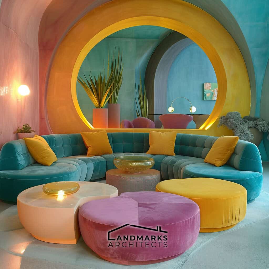 Curved furniture defining 80s interior design Photo generated by AI.