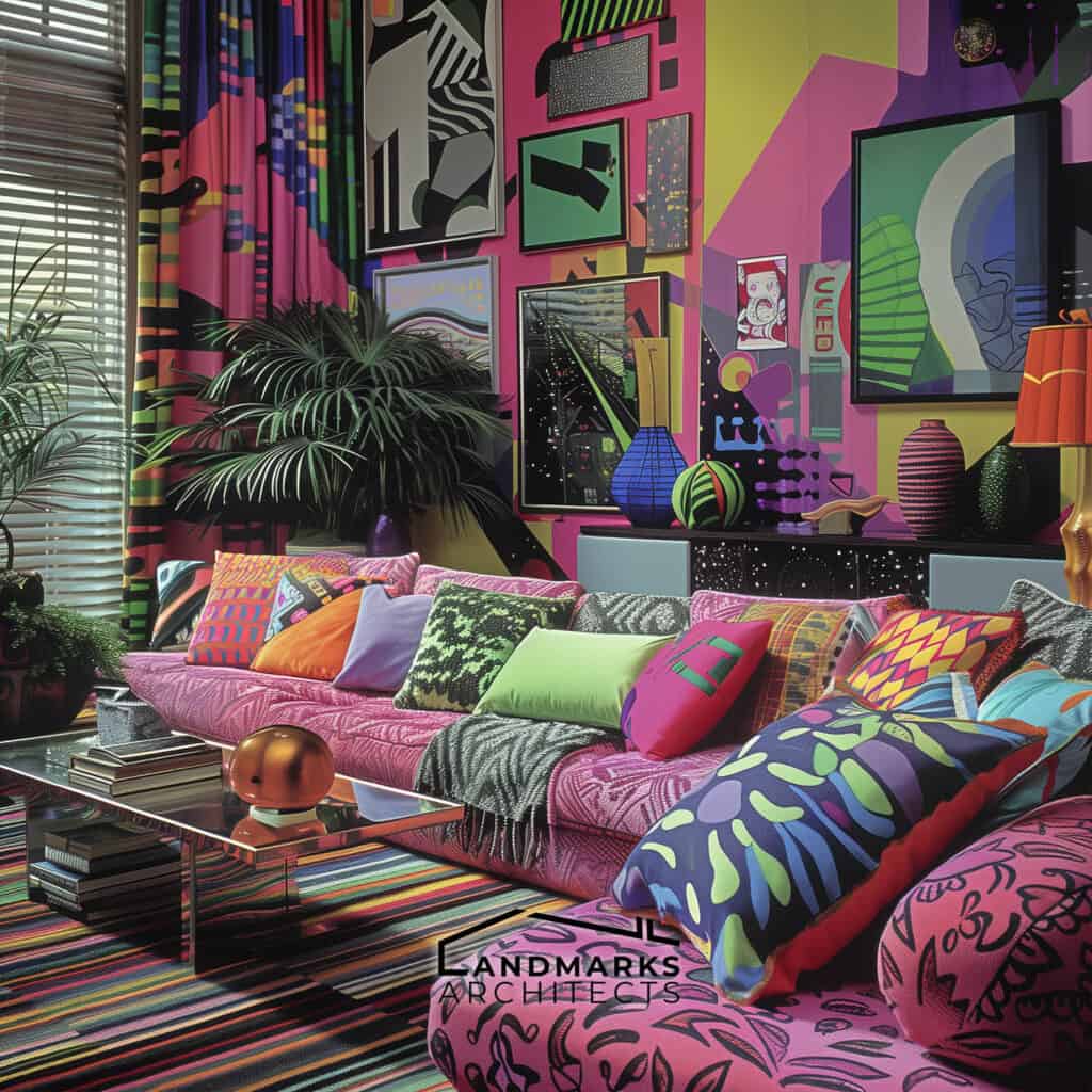 Bold 1980s interior featuring vibrant accessories and oversized patterns. Photo generated by AI.