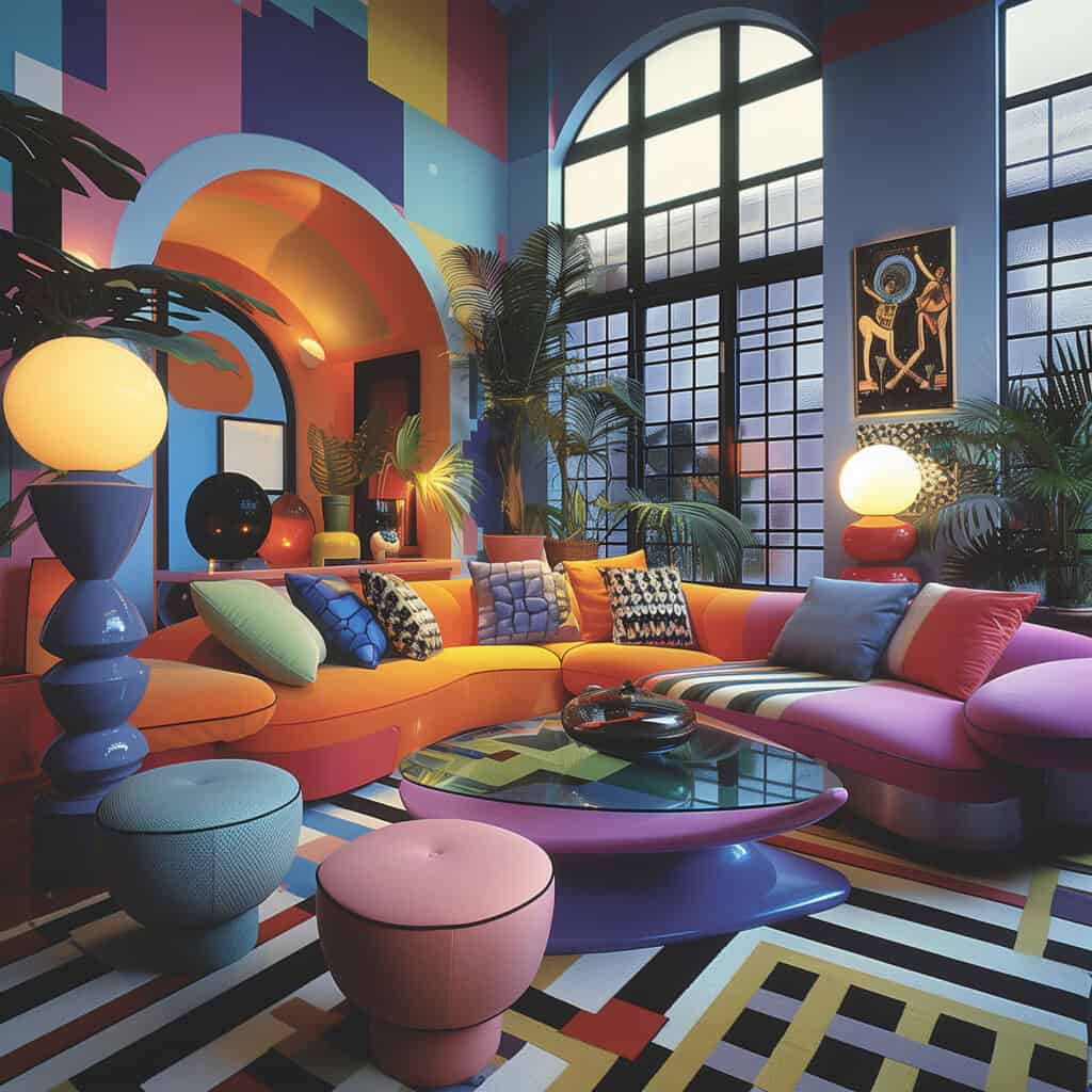 Colorful 1980s furniture showcasing oversized sofas and geometric tables Photo generated by AI.