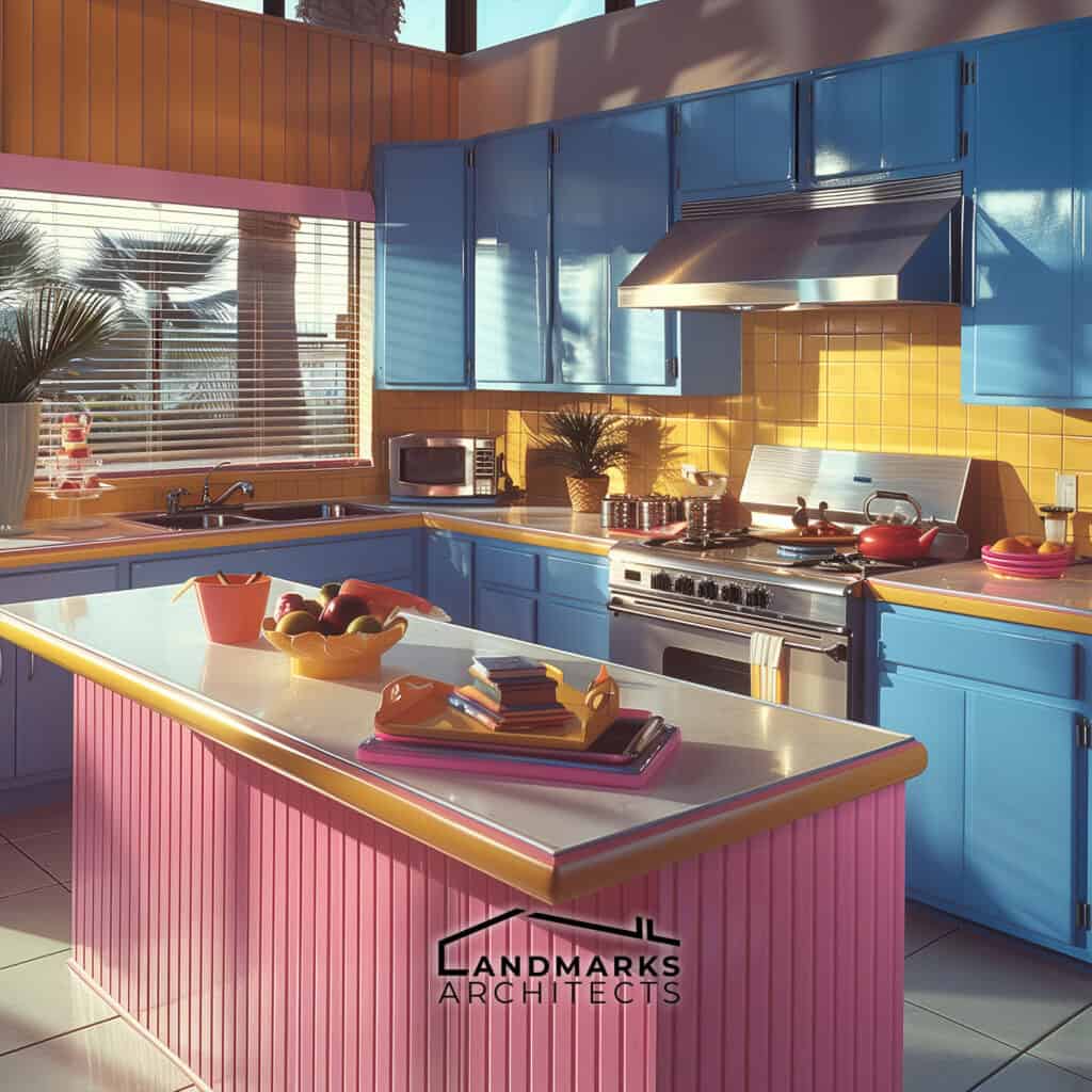 Vibrant 1980s kitchen with fluted cabinetry and bright colors Photo generated by AI.